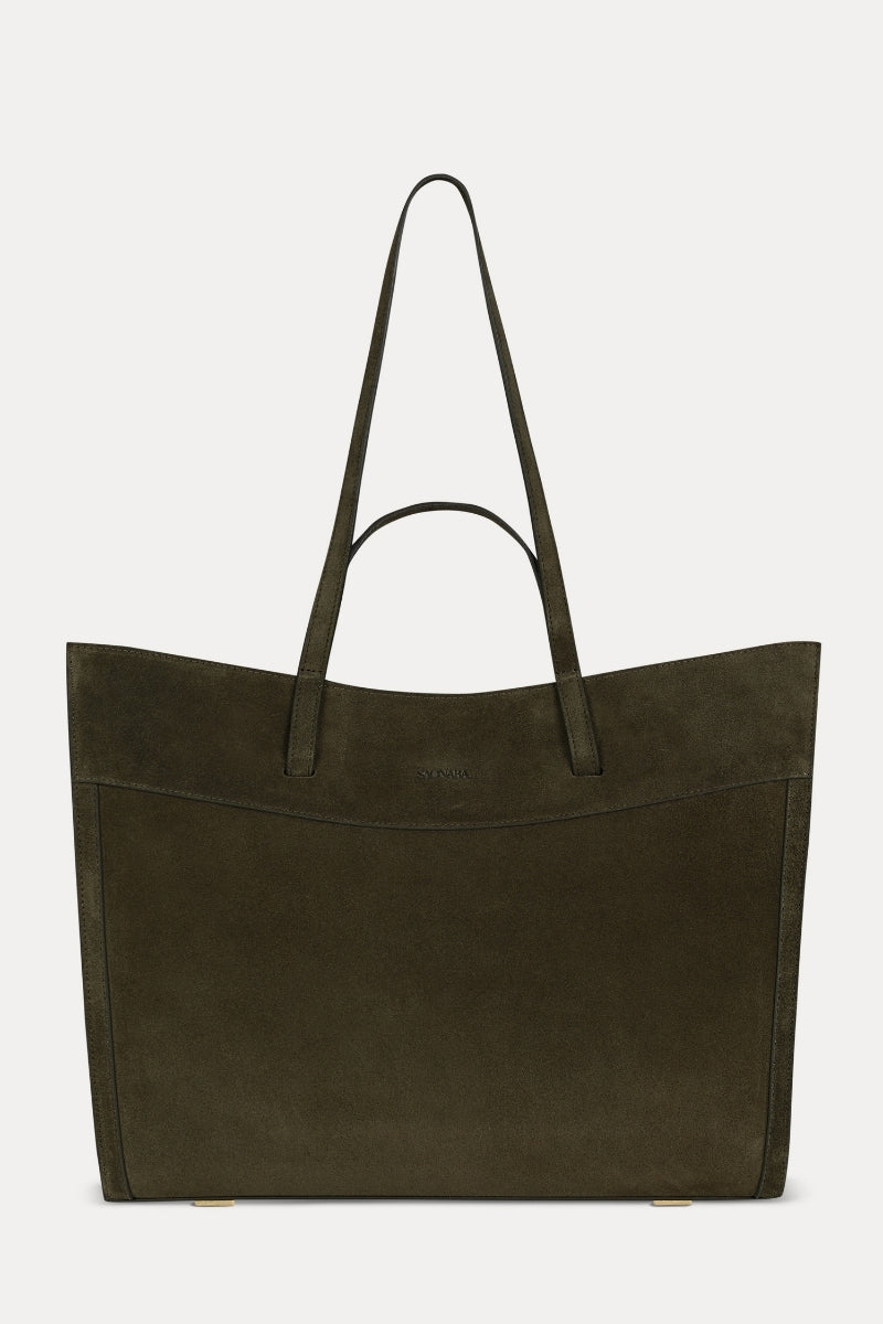 Olive suede shoulder shopping bag by Saonara featuring a sleek design and sturdy strap for everyday use.