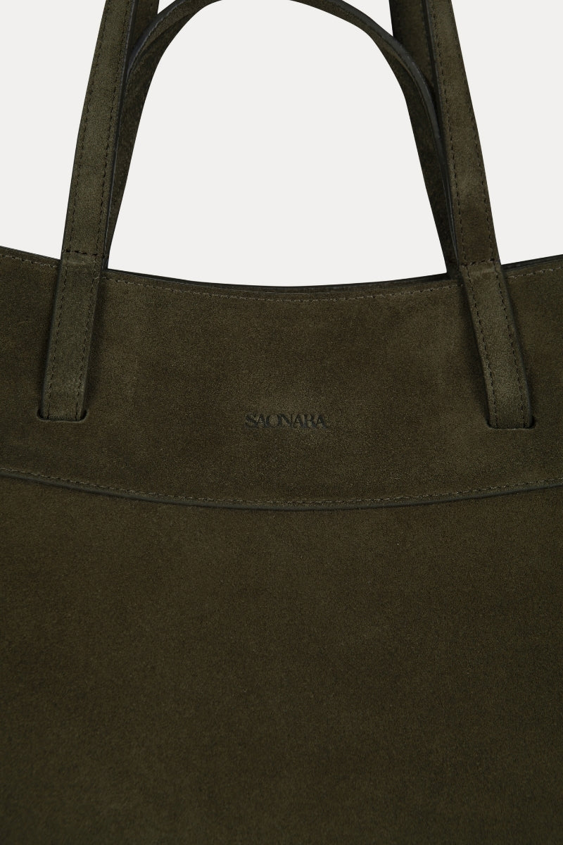 Olive suede shoulder shopping bag by Saonara, featuring a stylish design with handles and textured suede material.
