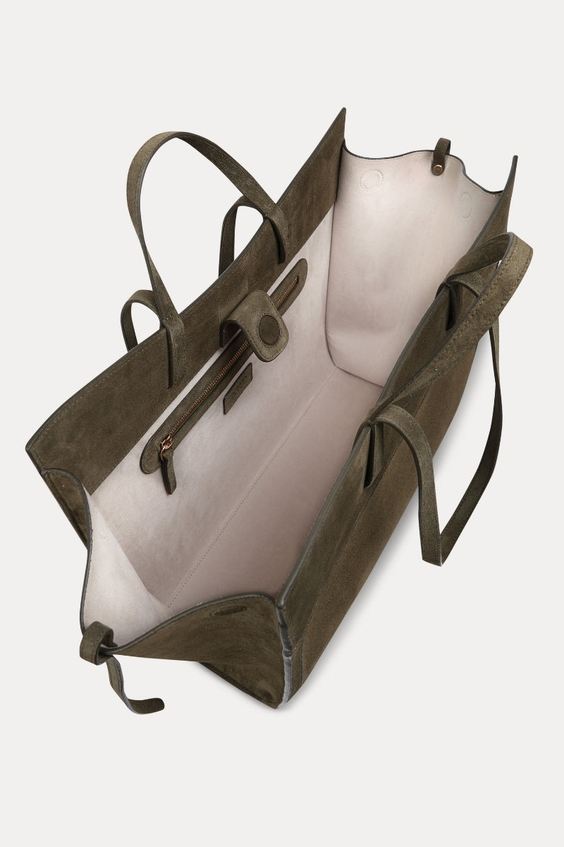 Olive suede shoulder shopping bag from Saonara with a spacious design and sleek shoulder strap.