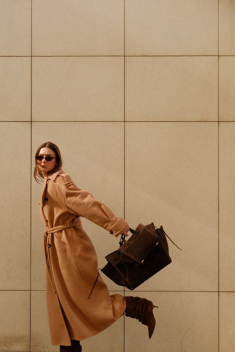 Saonara chocolate suede shoulder shopping bag with sleek design and sturdy strap, perfect for everyday use.