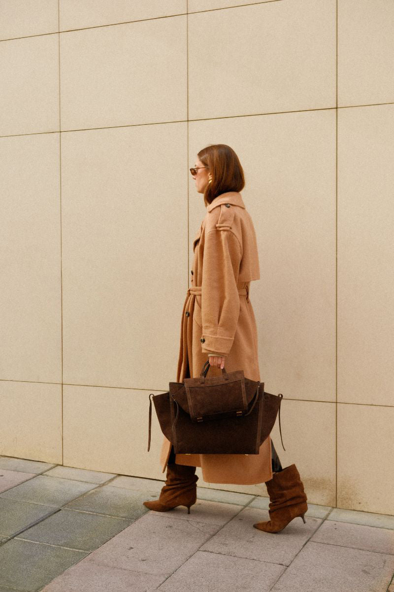 Saonara chocolate suede shoulder shopping bag with sleek design and sturdy handle, perfect for everyday use.