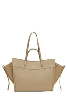 Taupe leather shopping bag by Saonara, stylish shoulder bag featuring a sleek design and durable leather construction.