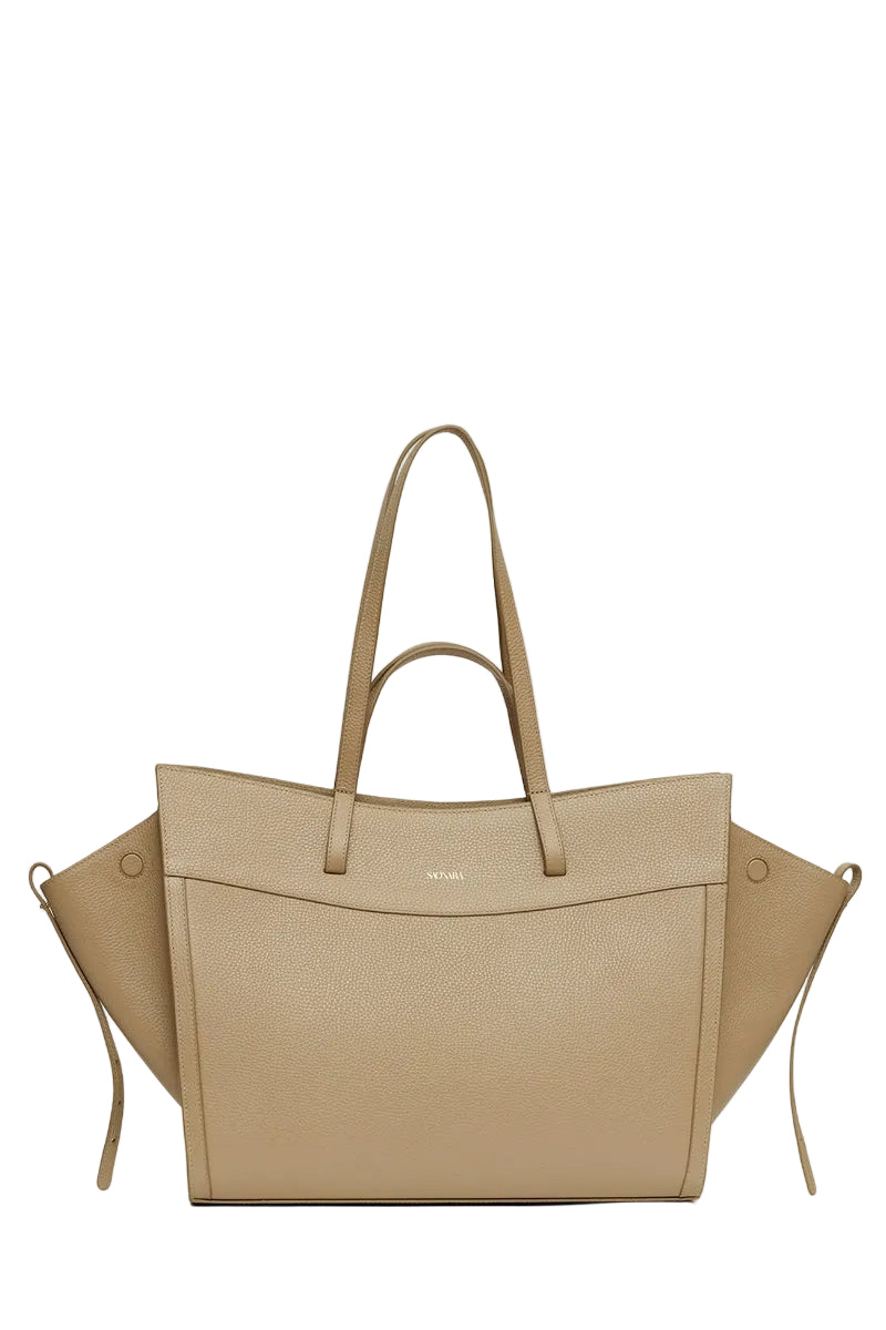 Taupe leather shopping bag by Saonara, stylish shoulder bag featuring a sleek design and durable leather construction.