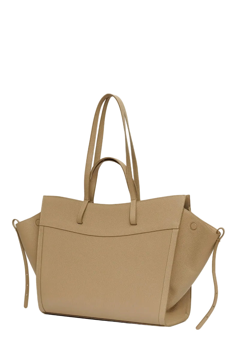 Taupe leather shopping bag from Saonara featuring shoulder straps and spacious interior for daily use.