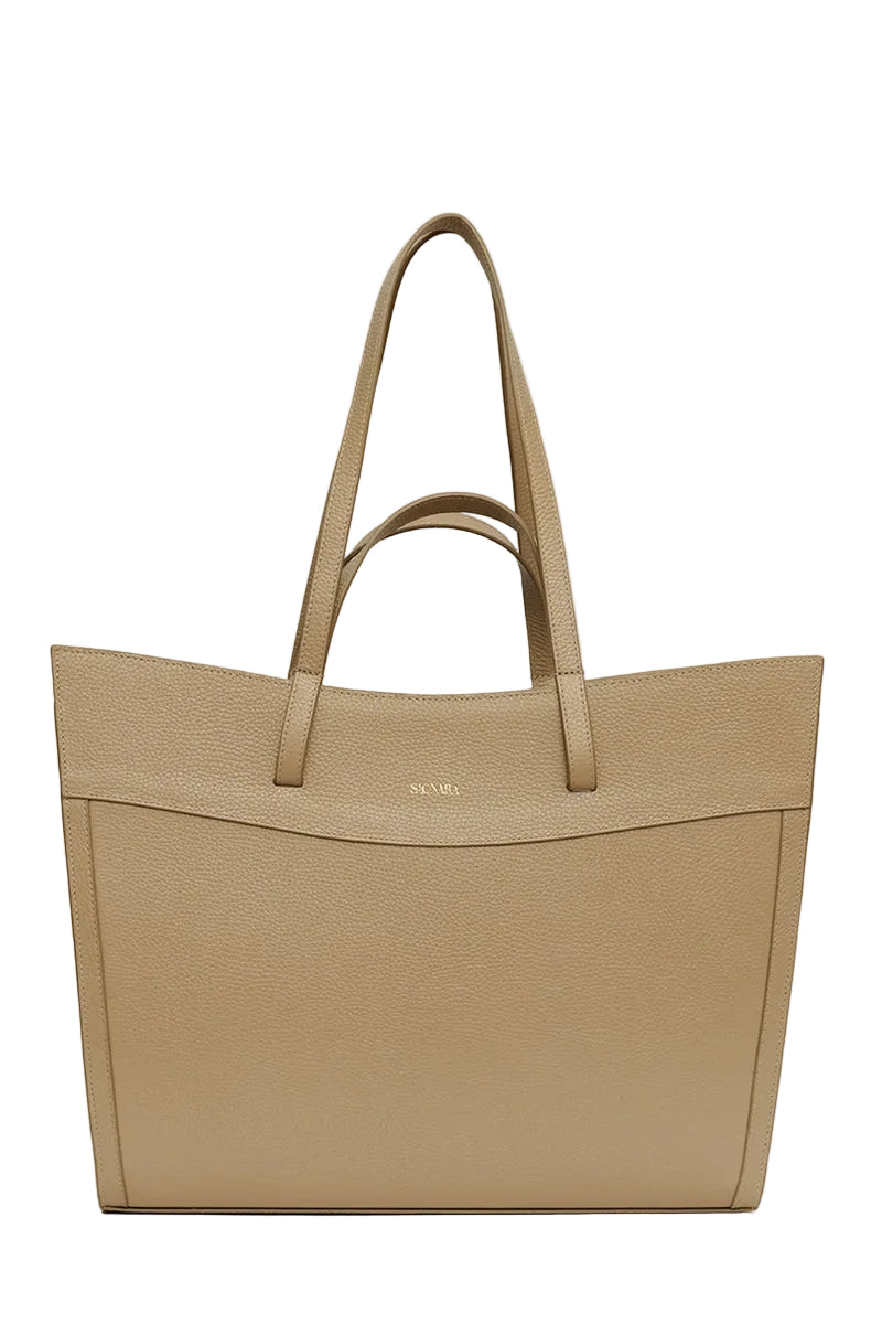 Taupe leather shoulder shopping bag by Saonara with a sleek, minimalist design and sturdy shoulder strap.