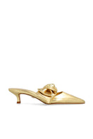 Gold nappa side-tie mule heels by House of Atana, showcasing stylish design and elegant side tie detail.
