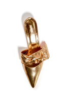 Gold tinfoil nappa side-tie mule heels by House of Atana, featuring sleek design and stylish side ties.