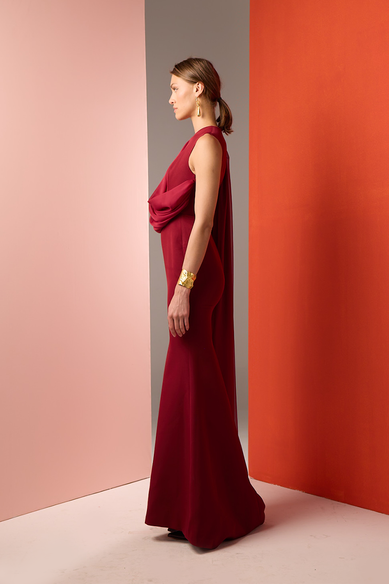 BURGUNDY ONE-SHOULDER CAPE DRESS | CULT MIA | Joanna Andraos BURGUNDY ONE-SHOULDER CAPE DRESS | CULT MIA | Joanna Andraos