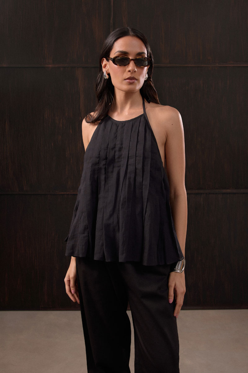 Black Sierra top by Summer Away, showcasing a stylish sleeveless design with a round neckline and fitted silhouette.