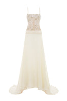 Poem Sieste gown in pastel yellow with ghost pattern, featuring a flowing design and elegant fabric.
