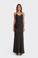 Black signature V-neck lace maxi dress by Stolen Stores featuring a flowy silhouette and elegant design.