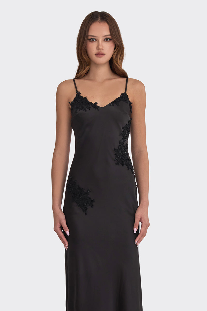 Black Signature V-neck maxi slip dress by Stolen Stores, featuring a stylish and elegant lace design for a chic look.