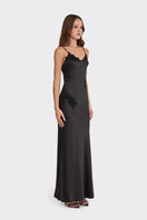 Black Stolen Stores Signature V-Neck Maxi Dress with lace detail, flowing sleeveless design perfect for elegant occasions.