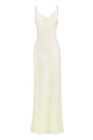 Light yellow Signature V-neck lace maxi dress by Stolen Stores, featuring a flowing silhouette and elegant neckline.