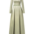 Green A-line silk taffeta gown with square neckline and crystal embellishments at the waist by I.H.F Studio.
