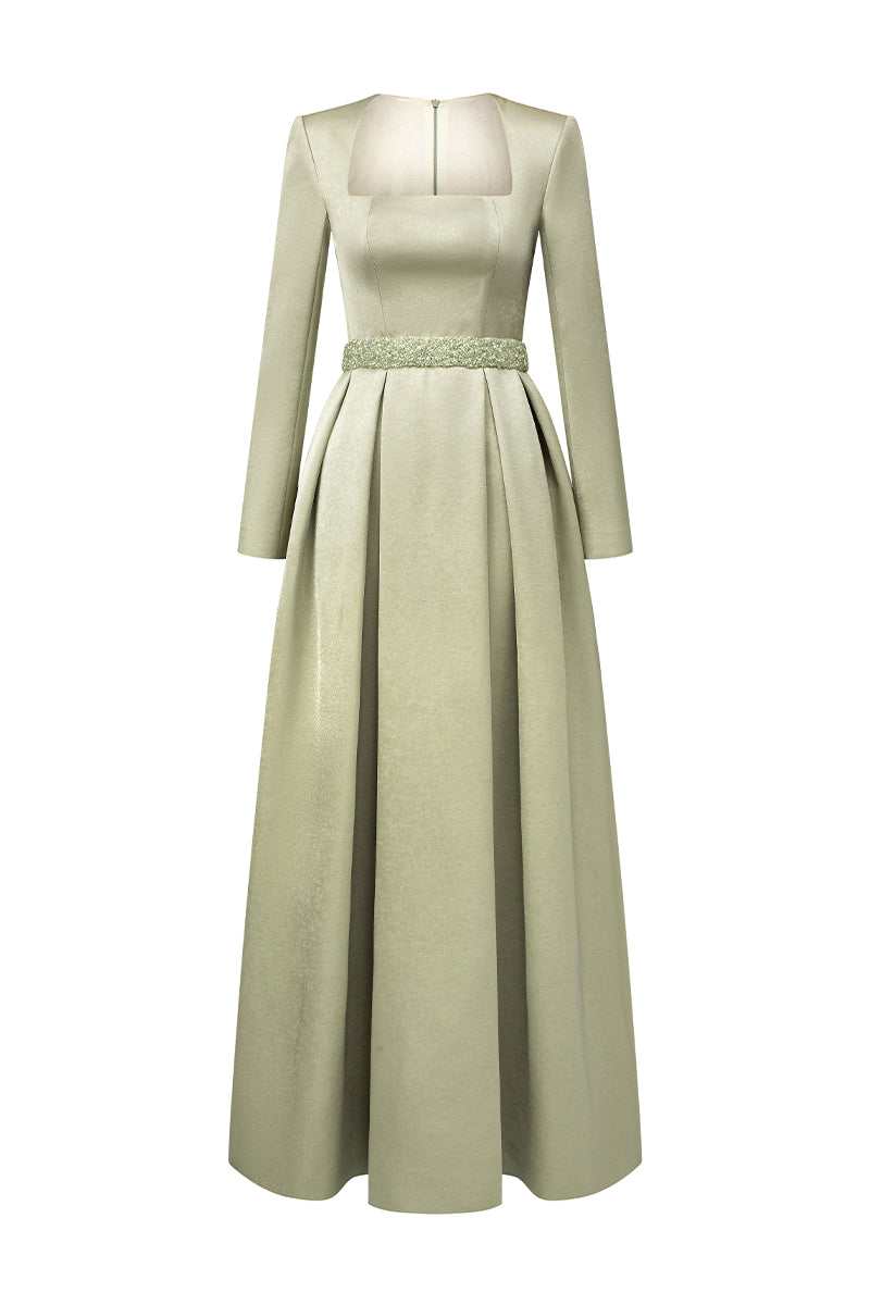 Green A-line silk taffeta gown with square neckline and crystal embellishments at the waist by I.H.F Studio.