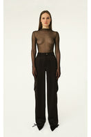 Black silky cargo pants with soldier-style pockets by Kris Marán, featuring a relaxed fit and functional pocket design.