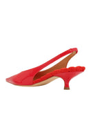 A pair of AERA Silvana red patent-effect slingback pumps with pointed toes and elegant heel, displayed from the back view.