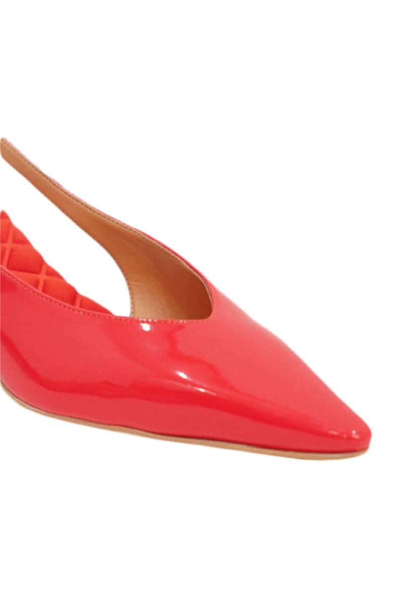 A pair of AERA Silvana red patent-effect slingback pumps with pointed toes and slim heels, front view.