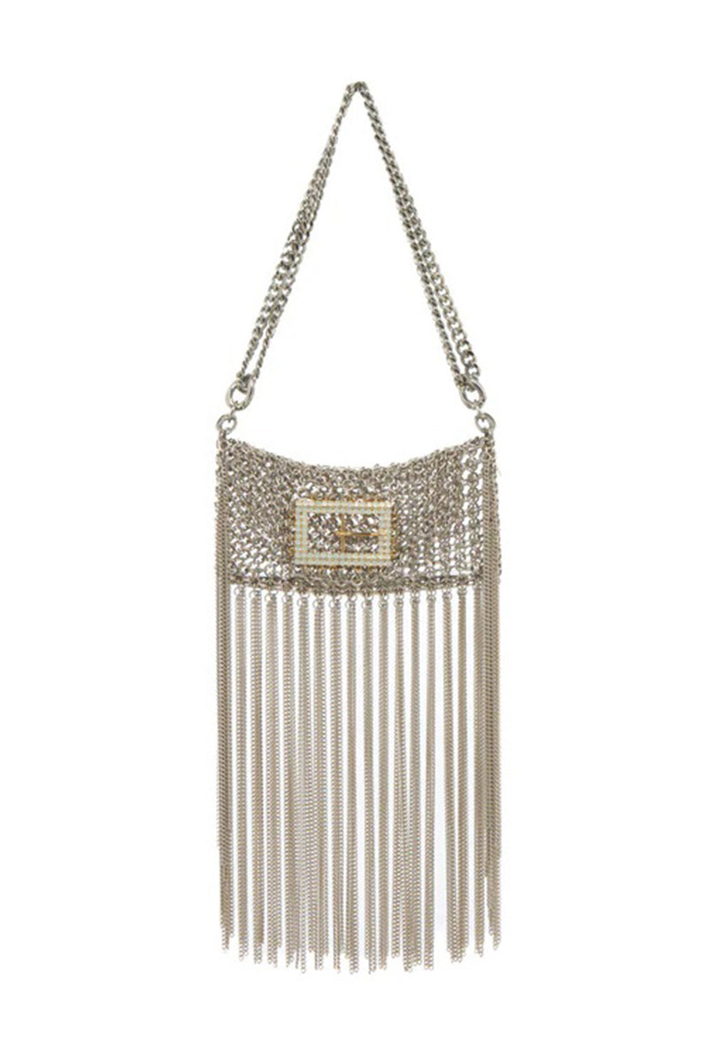 Silver shoulder bag from Silvia Gnecchi's The Baby Rodeo collection, featuring a sleek metallic finish and stylish design.