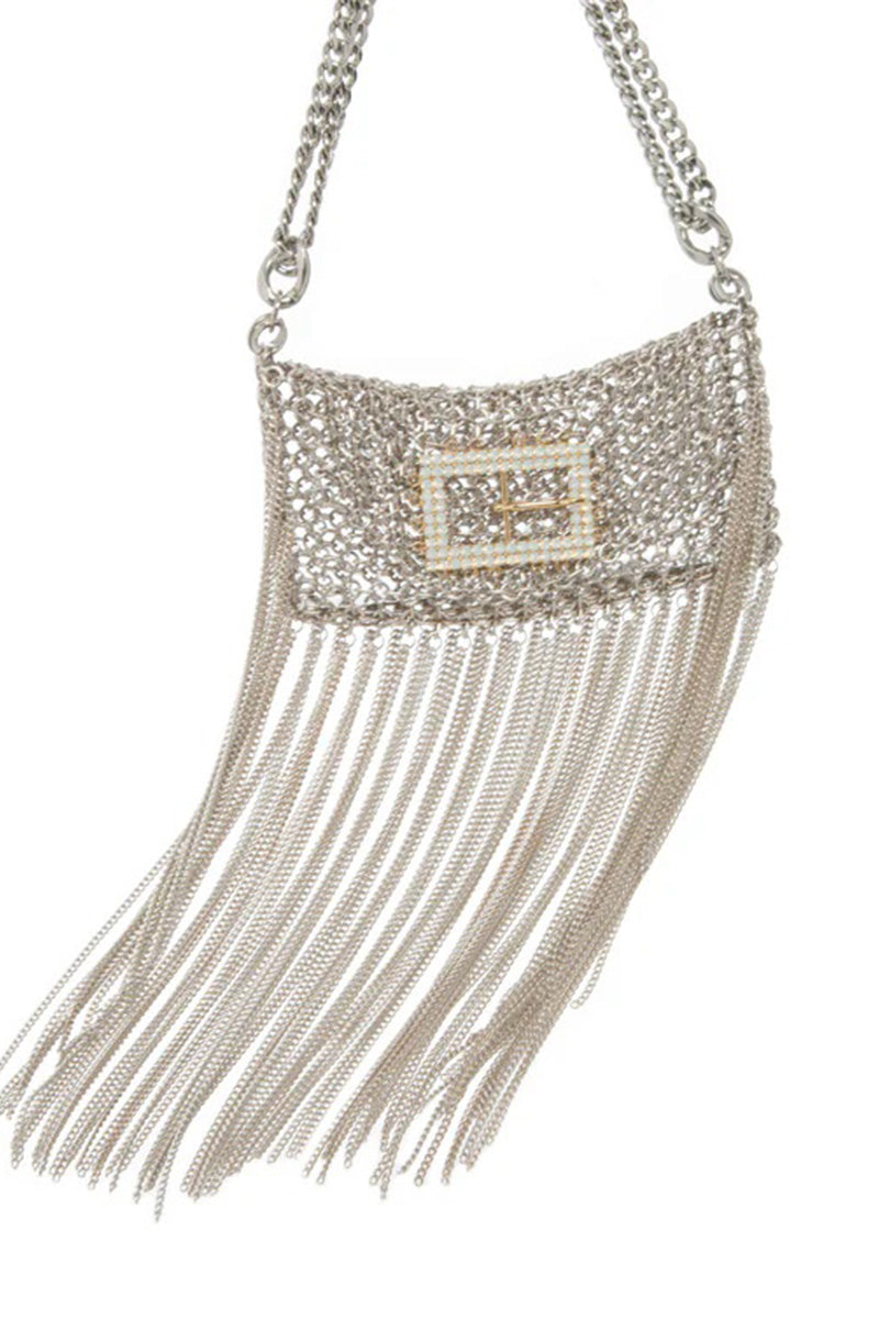 Silver shoulder bag named The Baby Rodeo by Silvia Gnecchi, featuring a sleek, metallic design with a structured shape.