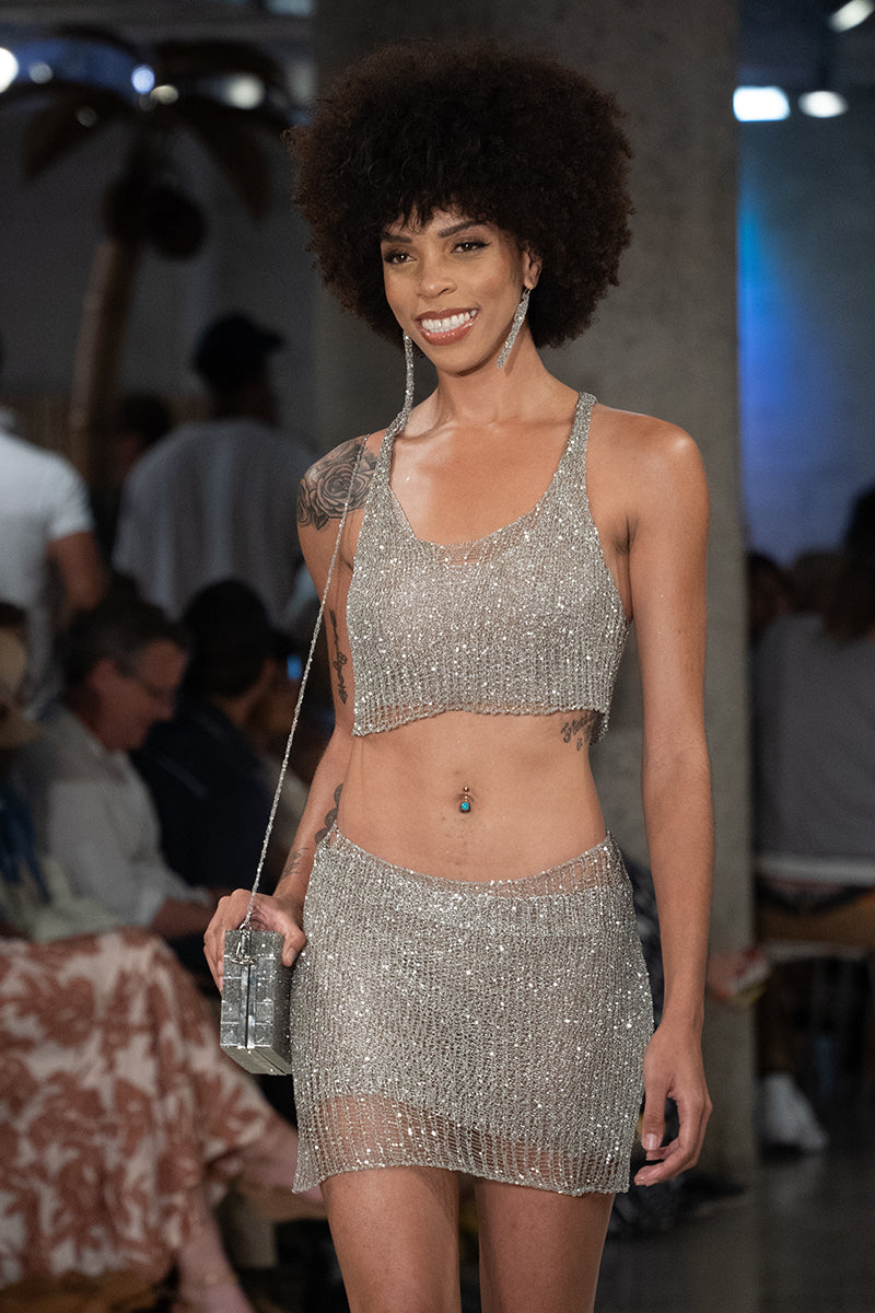 Silver Midas mini skirt with slip by Natalia Fedner, front view showing metallic silver fabric and sleek design.