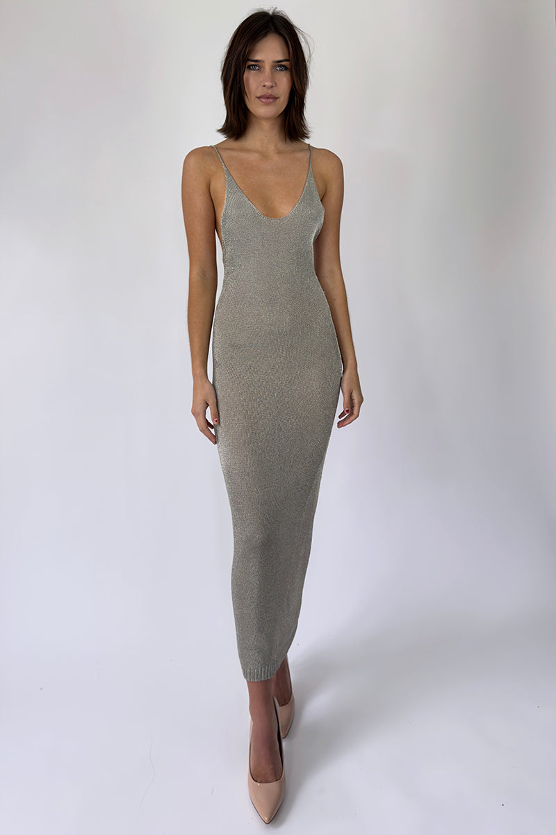 SILVER SPARKLY KNIT MAXI DRESS - CULT MIA