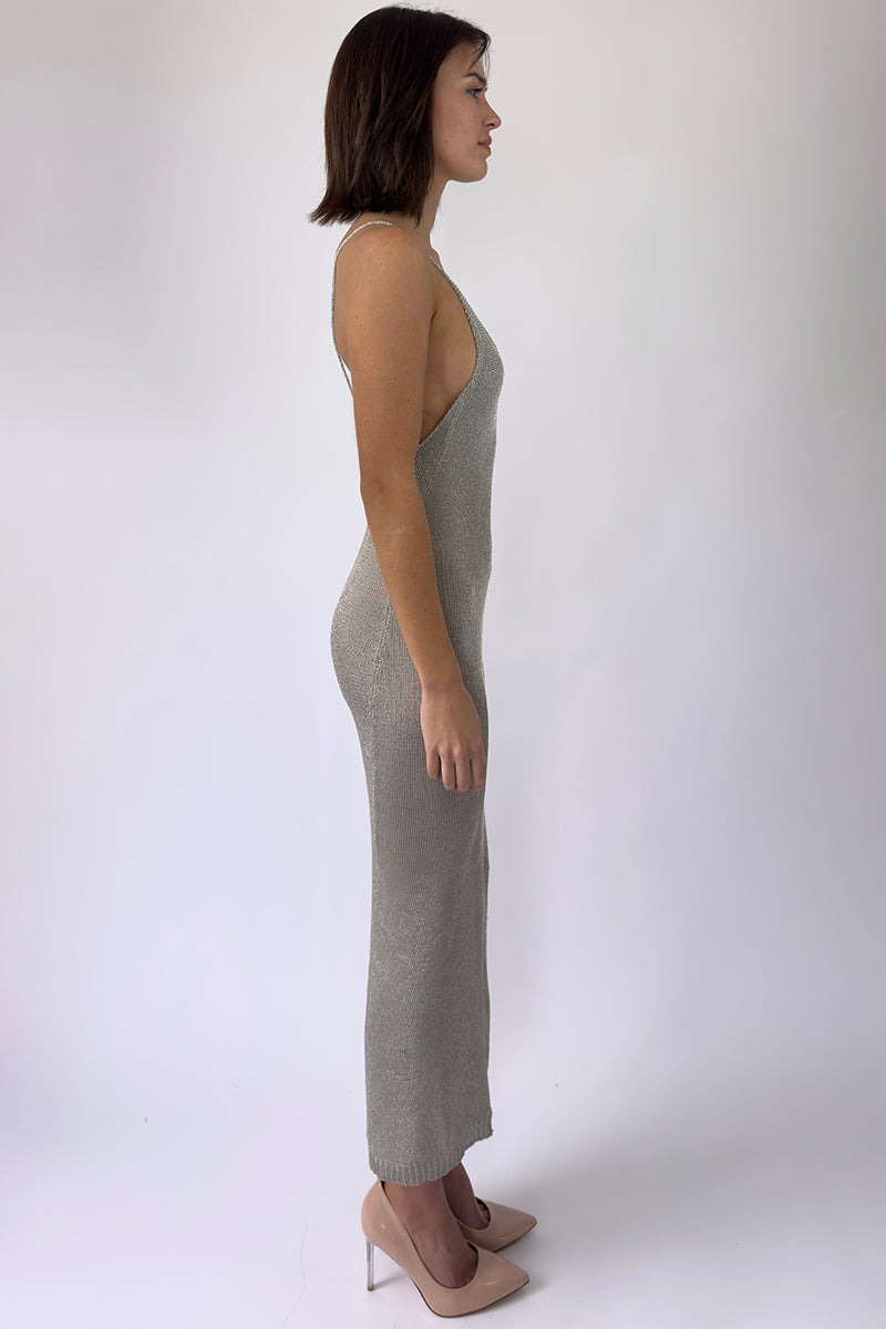 SILVER SPARKLY KNIT MAXI DRESS - CULT MIA