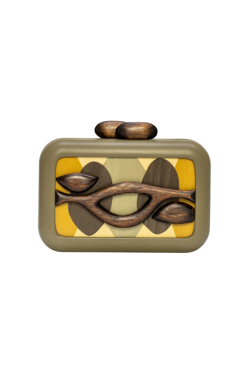 Sy&Vie Simetrís Isometra olive clutch with sleek design and compact size, perfect for stylish accessories.