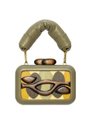 Olive green Sy&Vie Simetrís Isometra clutch with sleek design and textured surface, perfect for stylish accessories.