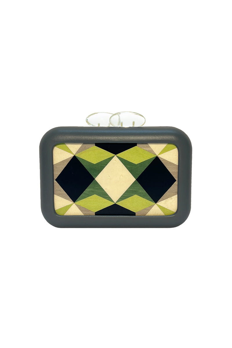Green Sy&Vie Simetrís Polygons clutch with geometric polygon design, showcasing a stylish and modern accessory for evening use.