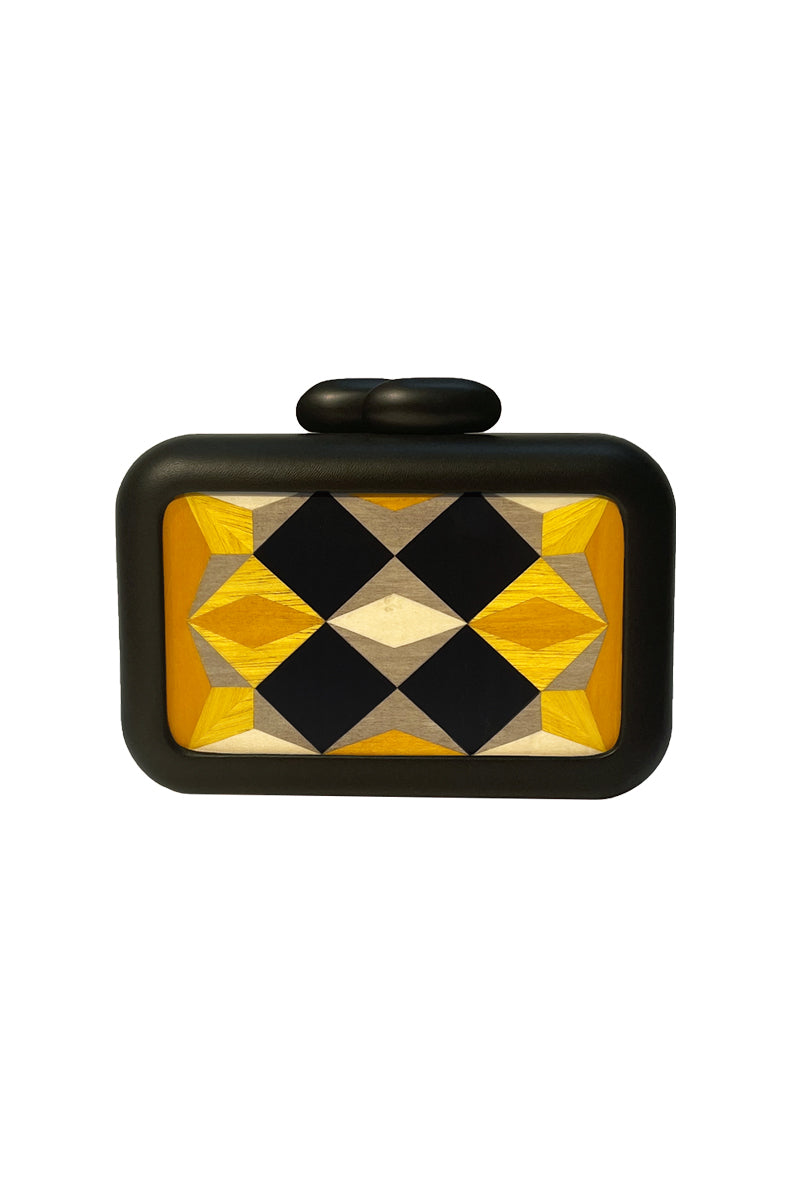 Yellow geometric clutch bag by Sy&Vie featuring polygon design, perfect for stylish accessories or evening outings.