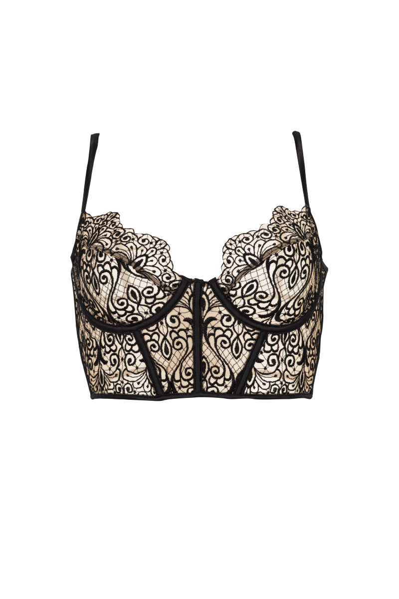 Black Ellipse Whispers bustier bra featuring lace details and underwire support, designed for a flattering fit.