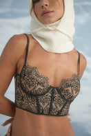 Black Ellipse Whispers bustier bra with lace details, featuring structured cups and adjustable straps from Ellipse Lingerie.