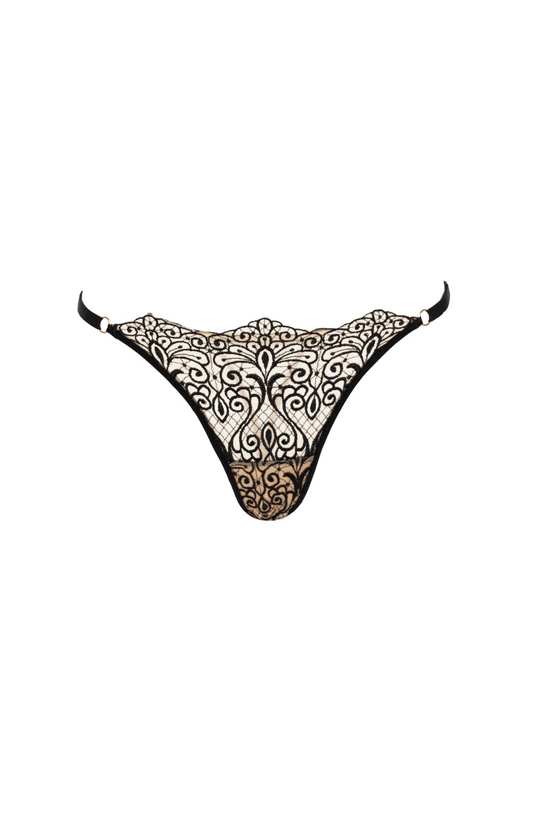 Black Ellipse Whispers string thong underwear from Ellipse Lingerie, showcasing a sleek, minimal design with delicate straps.