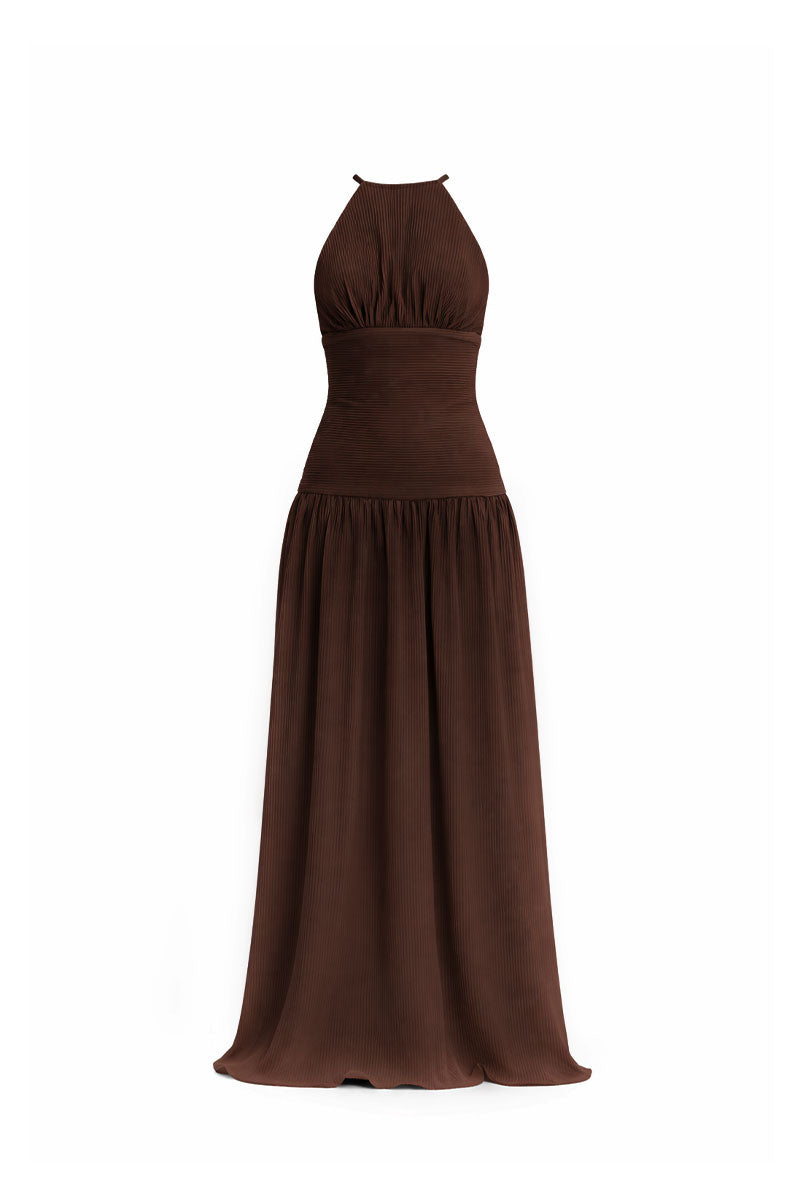 Brown Maylé Vásquez Sirena Gown maxi dress with flowing fabric and elegant design, perfect for formal occasions.