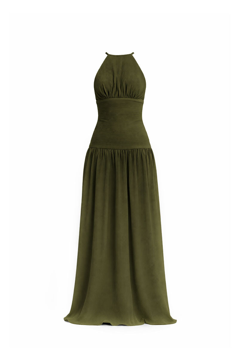 Forest green Sirena gown by Maylé Vásquez, elegant maxi dress with flowing fabric and detailed design, perfect for formal occasions.