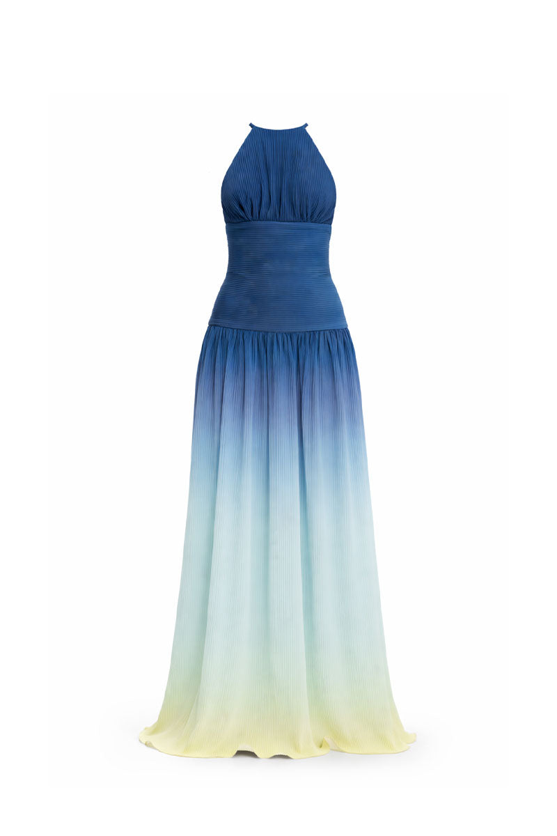Maylé Vásquez Sirena Gown maxi dress with horizon ombre design, flowing fabric, and elegant silhouette.