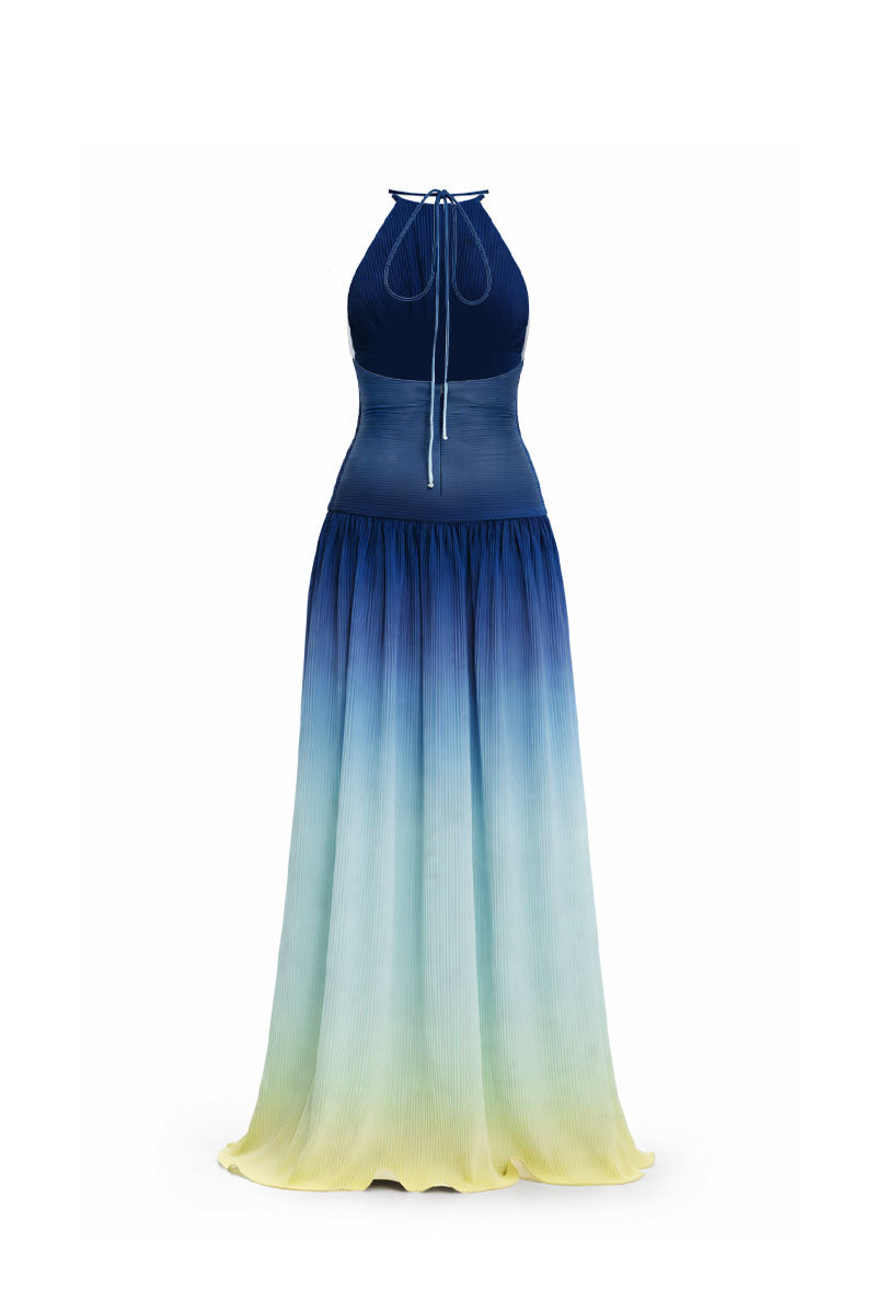 Maylé Vásquez Sirena Gown maxi dress in horizon ombre with flowing fabric and elegant silhouette, perfect for formal occasions.