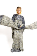 Amel Batita Skin Brocot Kaftan maxi dress with silk scarf and gloves, showcasing elegant, flowing fabric and intricate design details.