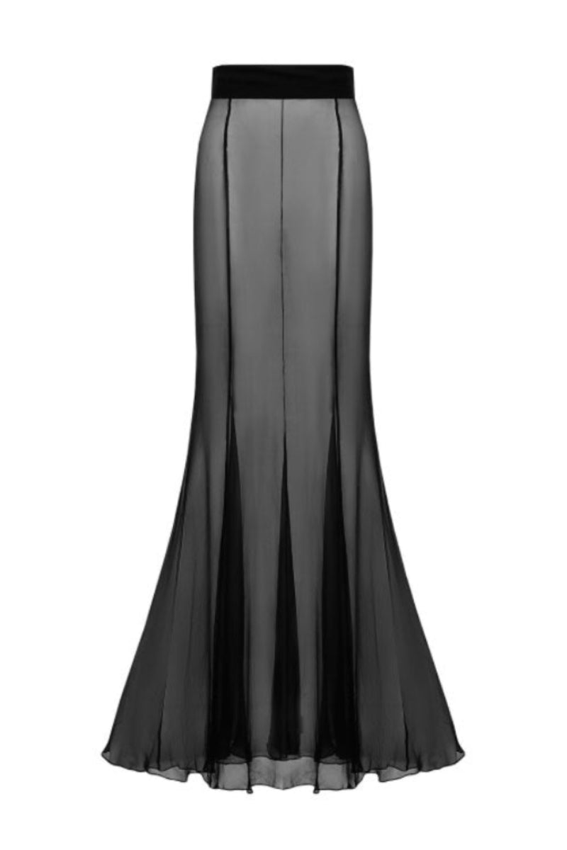 Black flowing maxi skirt by Santa Brands, featuring a lightweight, elegant design perfect for casual or dressy occasions.