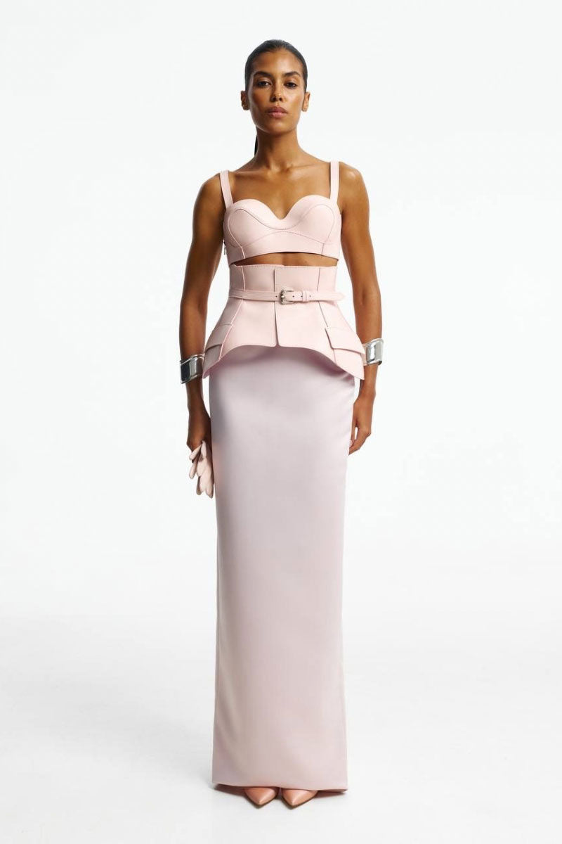 Blush-colored Santa Brands maxi skirt with a flowing design, perfect for elegant casual or dressy occasions.