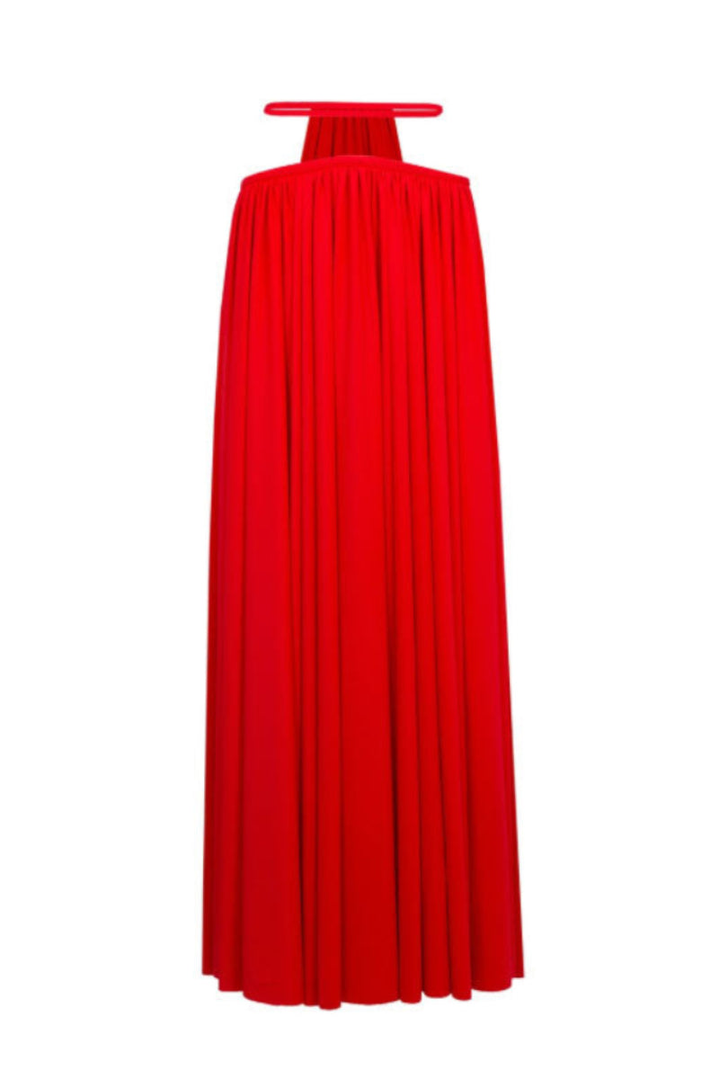 Red pleated maxi skirt from Santa Brands, flowing fabric with a stylish length, perfect for casual or dressy occasions.