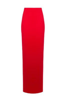 Red pleated maxi skirt from Santa Brands, flowing fabric with a full-length, elegant design perfect for stylish outfits.