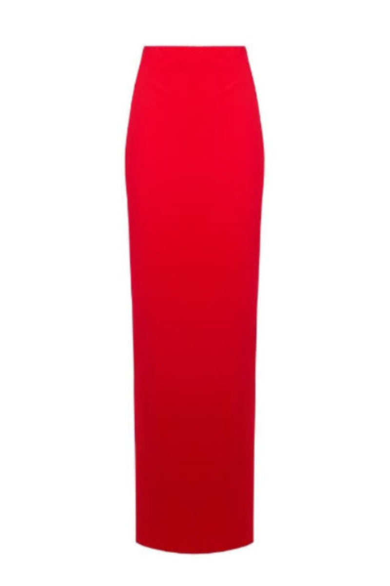 Red pleated maxi skirt from Santa Brands, flowing fabric with a full-length, elegant design perfect for stylish outfits.