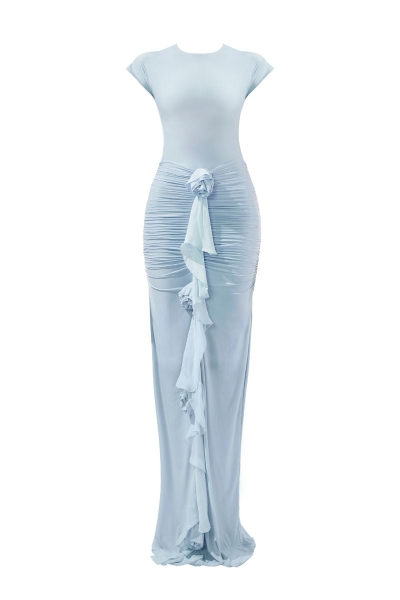 SKYE BABY BLUE FITTED BACKLESS MAXI DRESS - CULT MIA