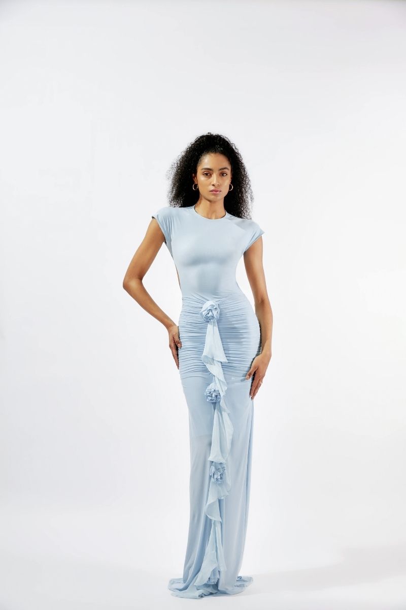 SKYE BABY BLUE FITTED BACKLESS MAXI DRESS - CULT MIA