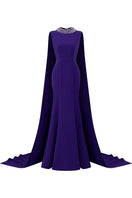 Sleeveless TIANA CREPE CAPE GOWN by I.H.F featuring a mermaid silhouette and a long back train, perfect for formal occasions.