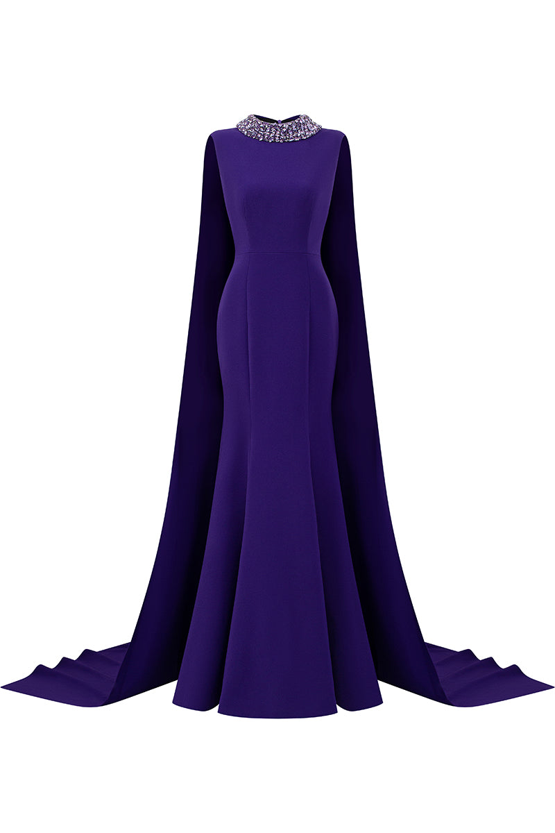 Sleeveless TIANA CREPE CAPE GOWN by I.H.F featuring a mermaid silhouette and a long back train, perfect for formal occasions.