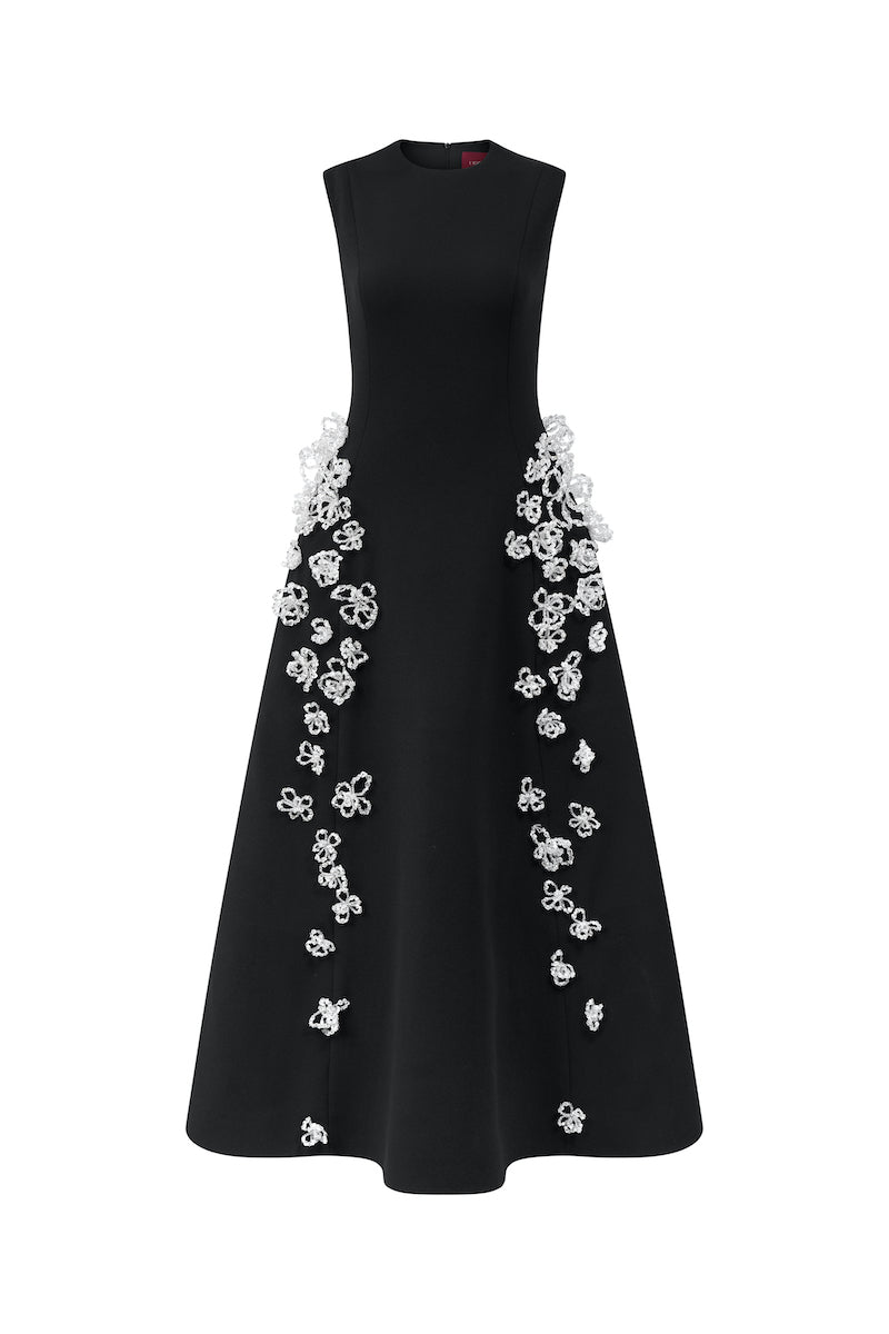 SLEEVELESS POLY CREPE MIDI FLARED DRESS